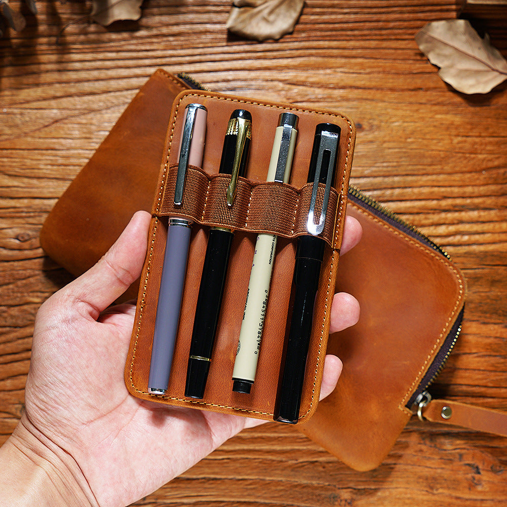 Wholesale Cowhide Zipper Crazy Horse Leather Multi-functional Zipper Pencil Case